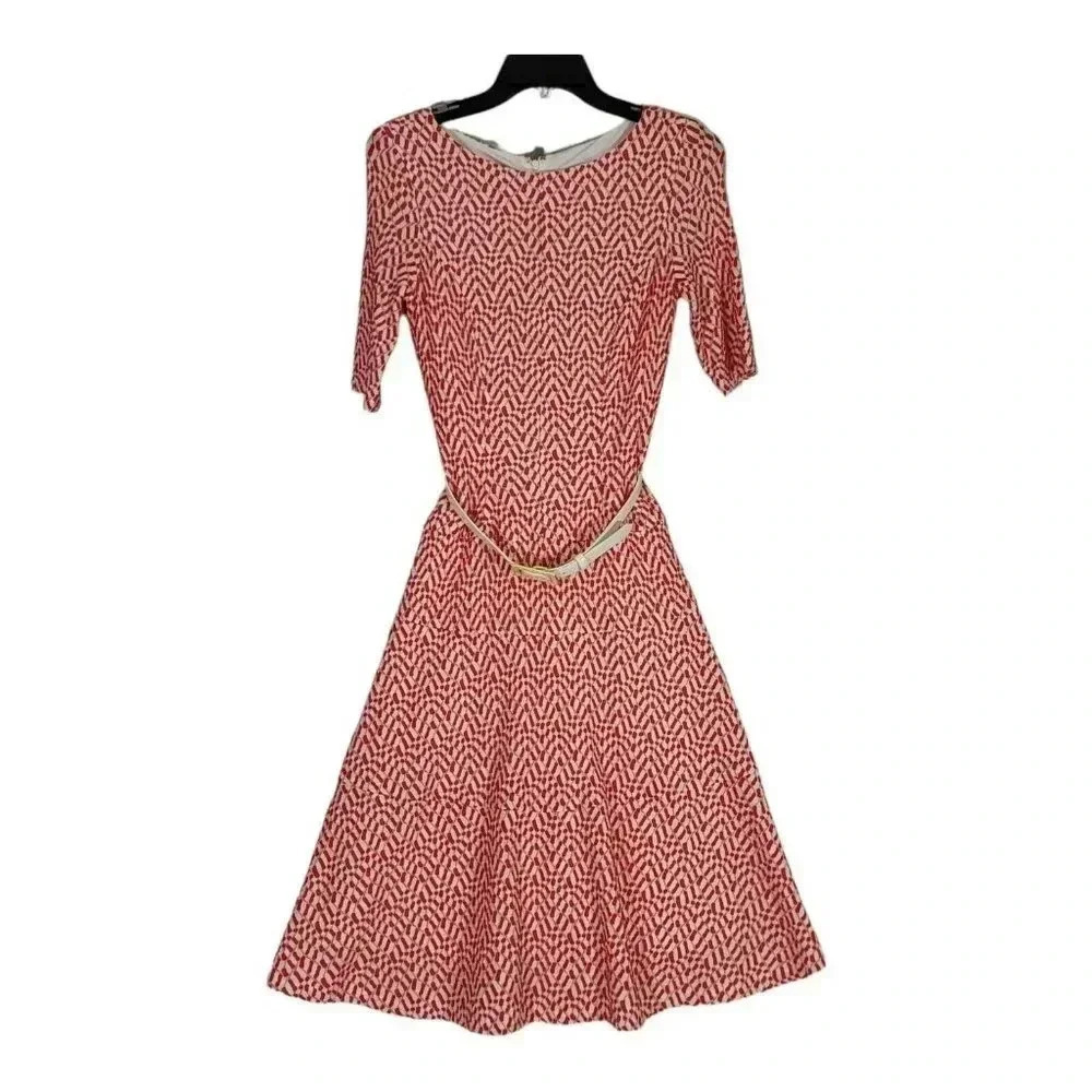 Anne Klein Red White Geometric Print Belt Dress Size 2 Retro Style